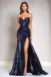 Glitzerndes Pailletten Meerjungfrau Marineblaues Trägerloses Abendkleid mit Schlitz